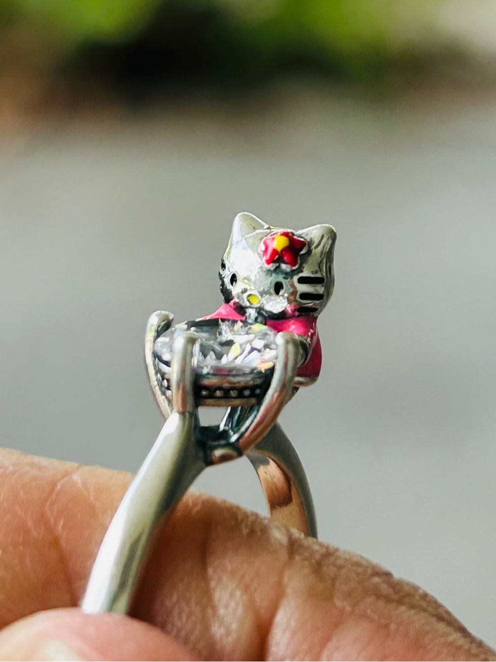 Hello Kitty Pink Silver Cat Ring with Clear Stone